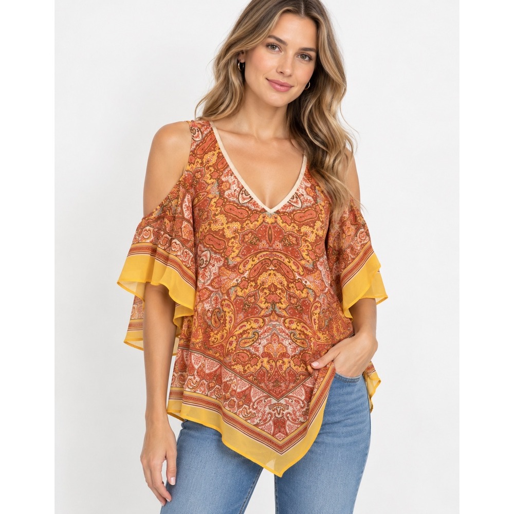 DR2 Womens Paisley Cold Shoulder Handkerchief Hem Blouse Orange DR19557PG1 NWT
